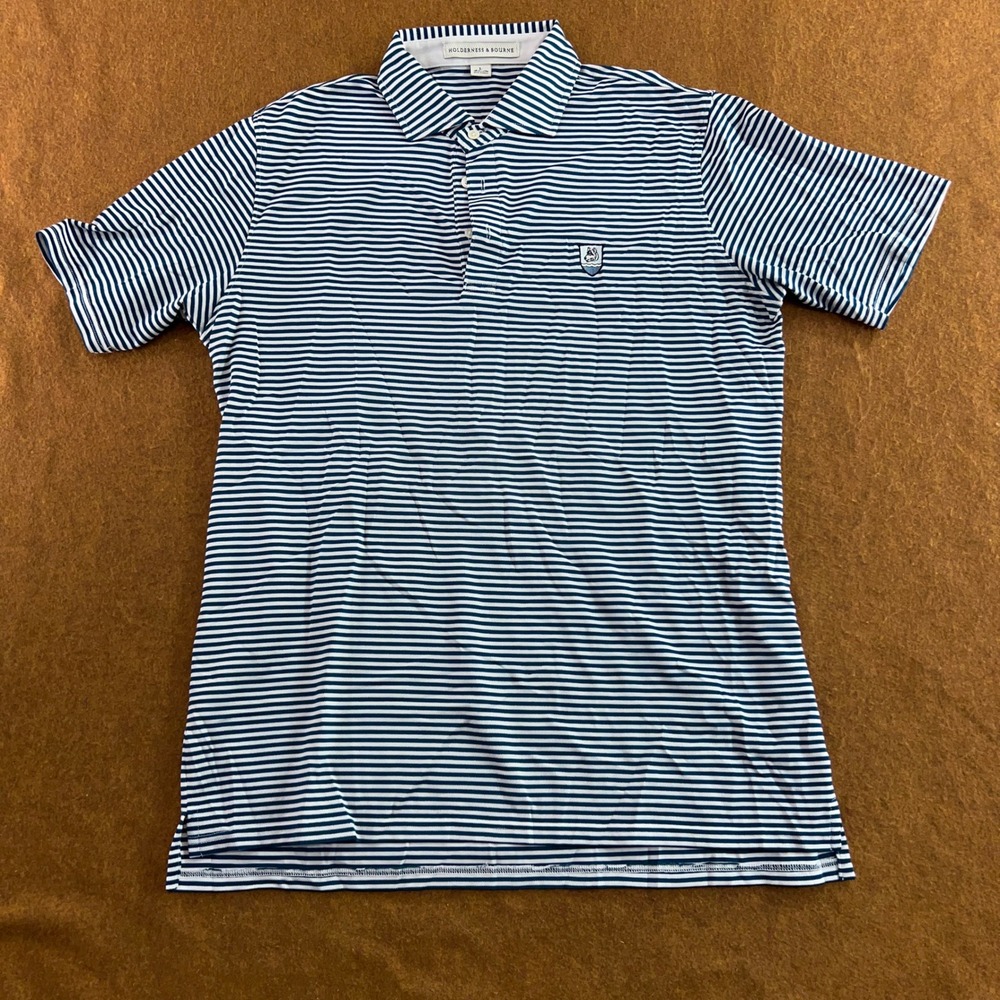 Holderness & Bourne Mens Large Blue Striped Tailored Fit Performance Polo Shirt